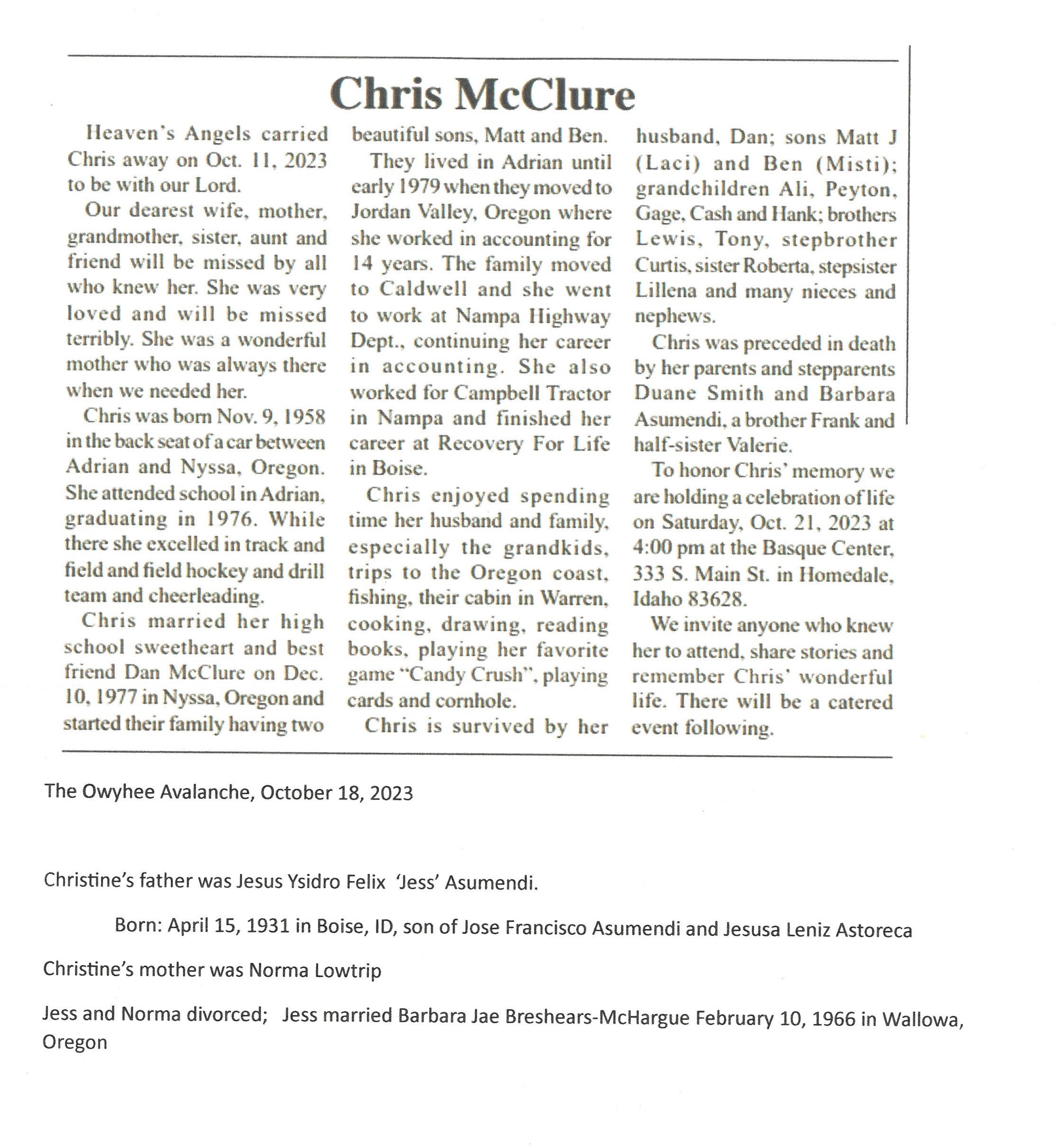 McClure_Christine _Chris_Obituary